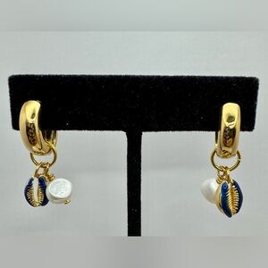 MAYAMAR Enamel Cowrie Shell & Pearl Huggies NEW